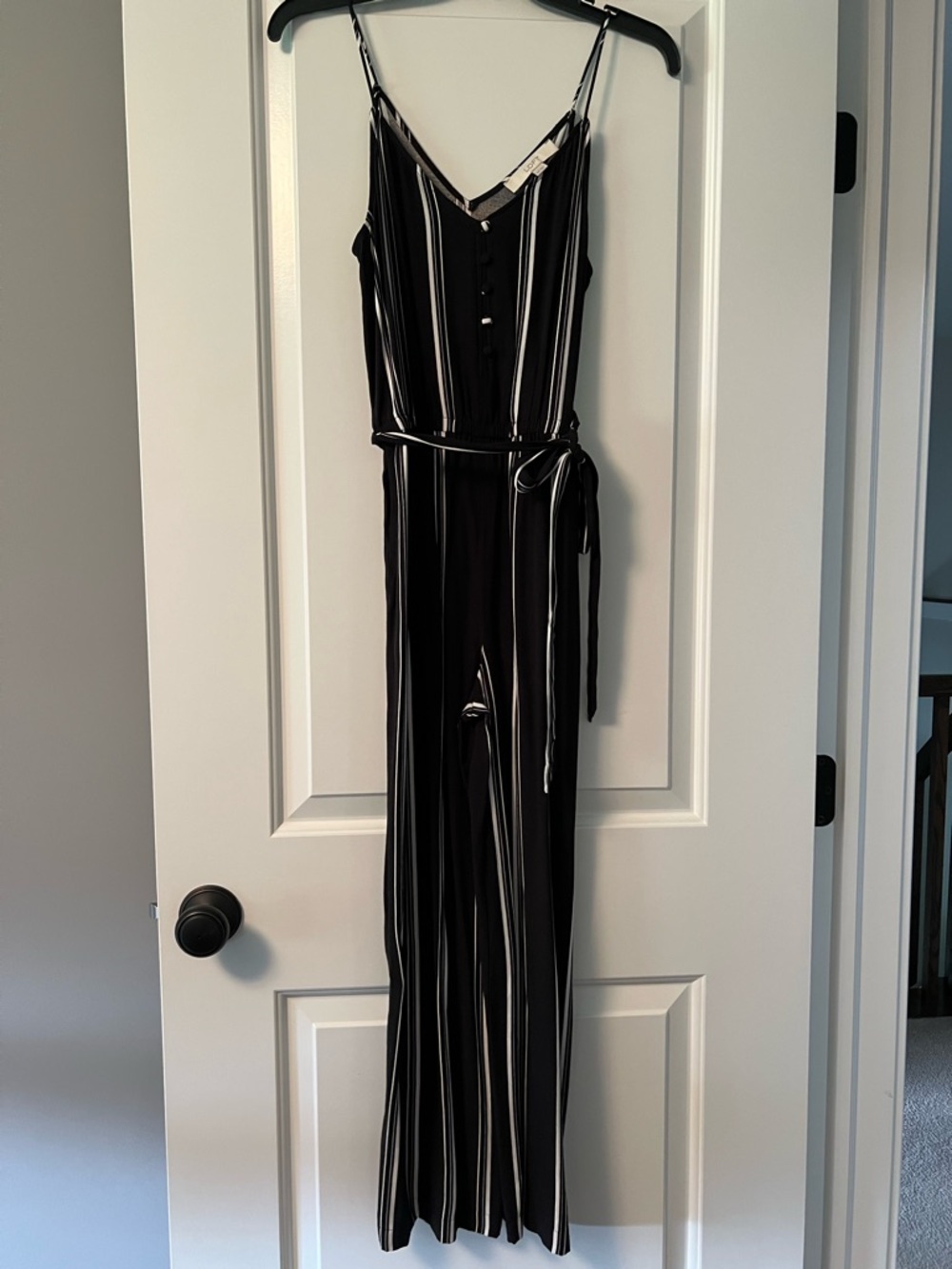 Loft - Striped Black Wide-Leg Jumpsuit with Belt